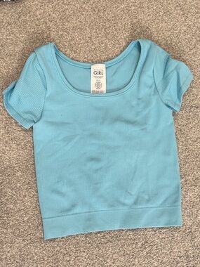 Athleta Girls Light Blue Ribbed Short Sleeve Scoop Neck Tee